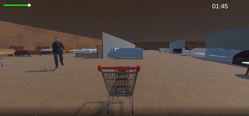 Furnish-Frenzy gameplay: pushing a shopping cart through a furniture store while an NPC approaches