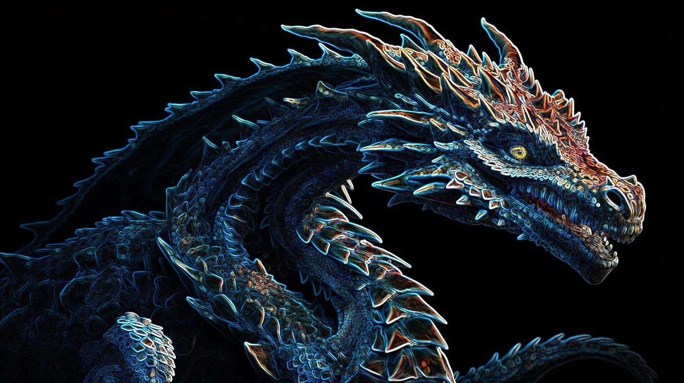 Edge-enhanced dragon render, the kind of output produced by the Sobel edge detection pipeline