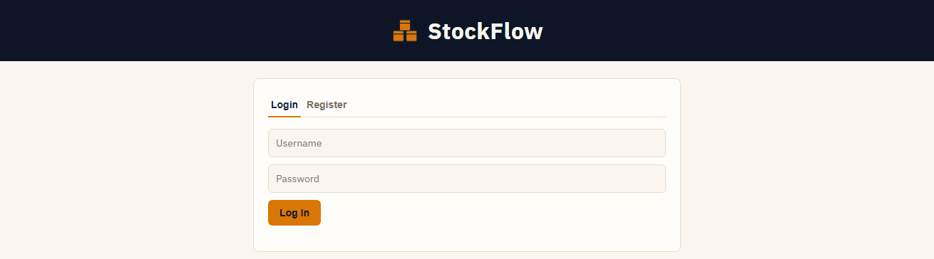 StockFlow login screen with username and password fields